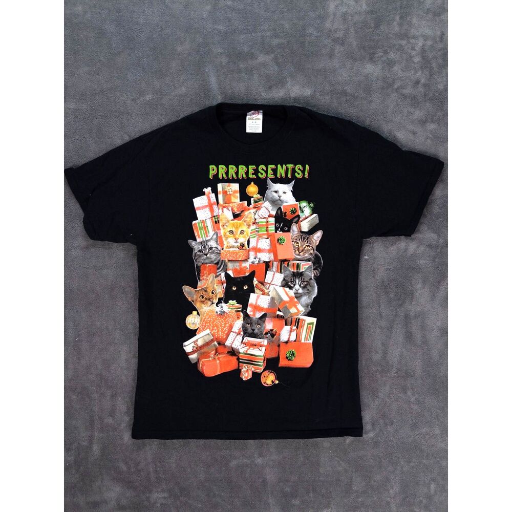 DEC.25th Prrresents Cats Christmas Graphic T Shirt Black Size Medium